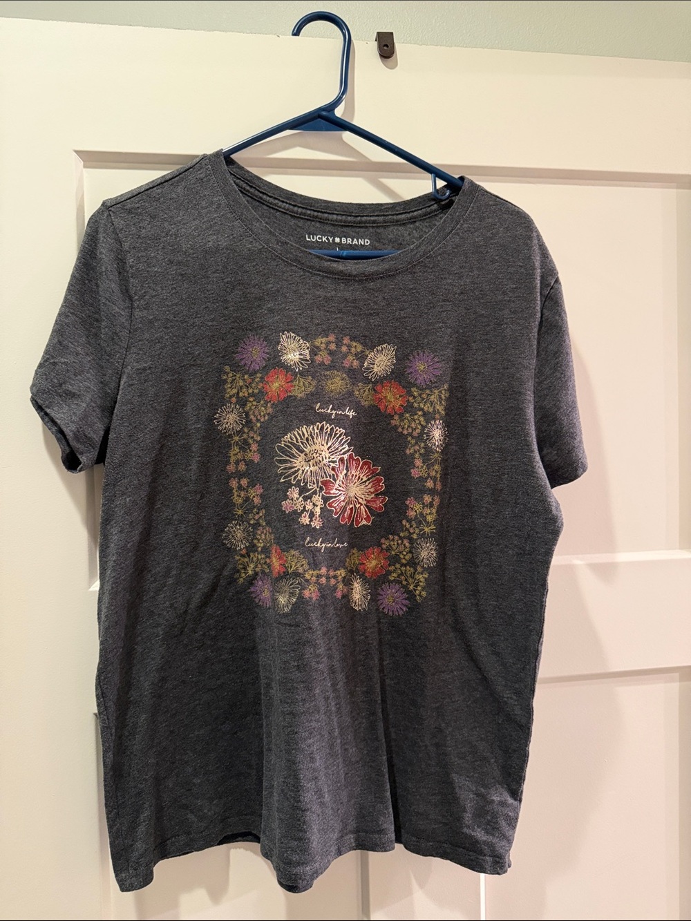 Lucky Brand Charcoal Tee with Multicolor Floral Graphic